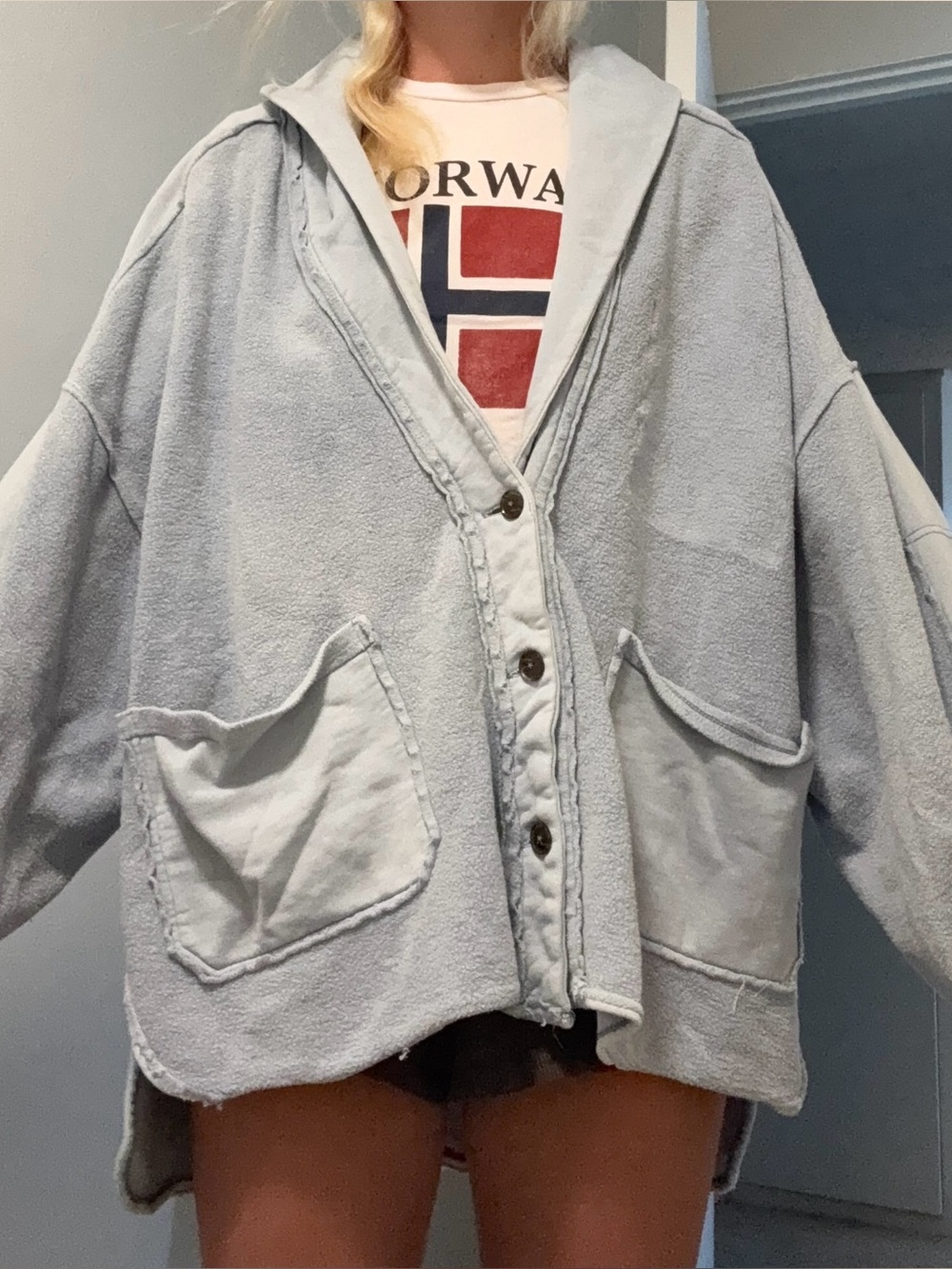 Free People Sky Blue Oversized Teddy Button-Front Jacket